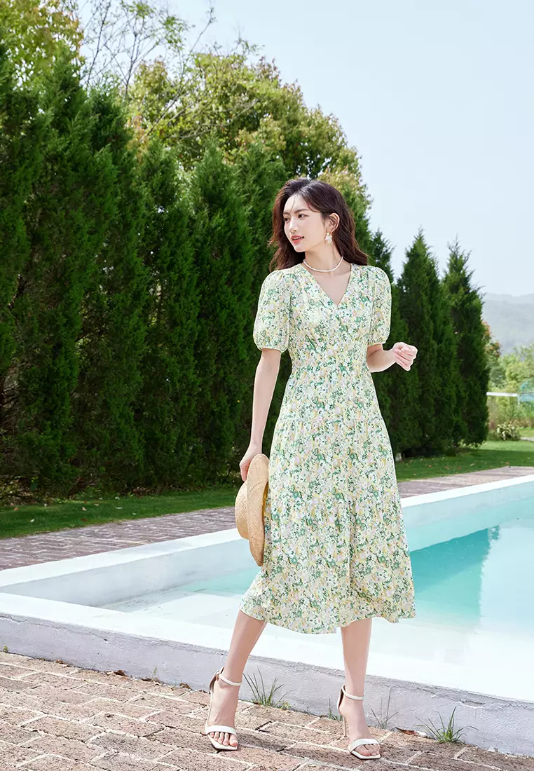 Hopeshow Puff Sleeve V-Neck Floral Summer Floral Dress