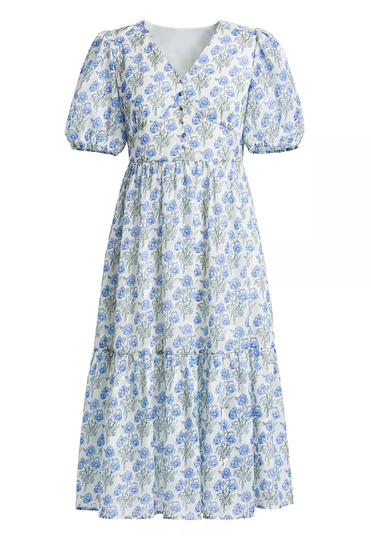 Hopeshow Summer Puff Sleeve V-Neck A-Line Floral Dress