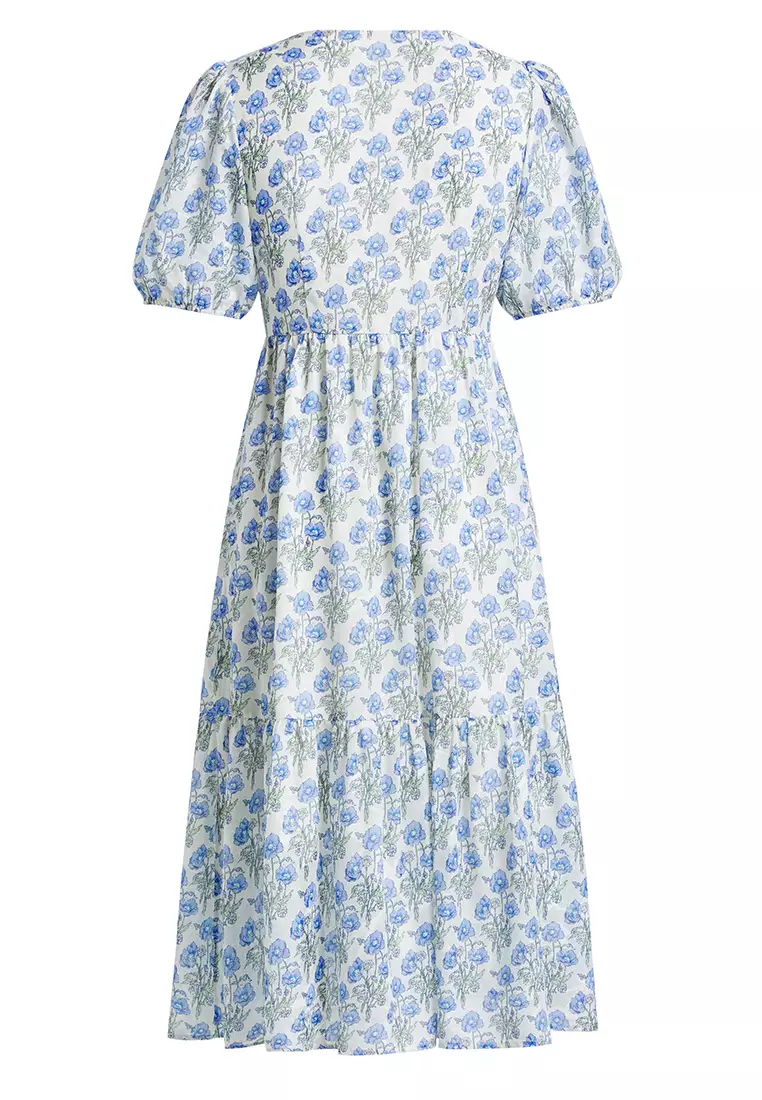 Hopeshow Summer Puff Sleeve V-Neck A-Line Floral Dress