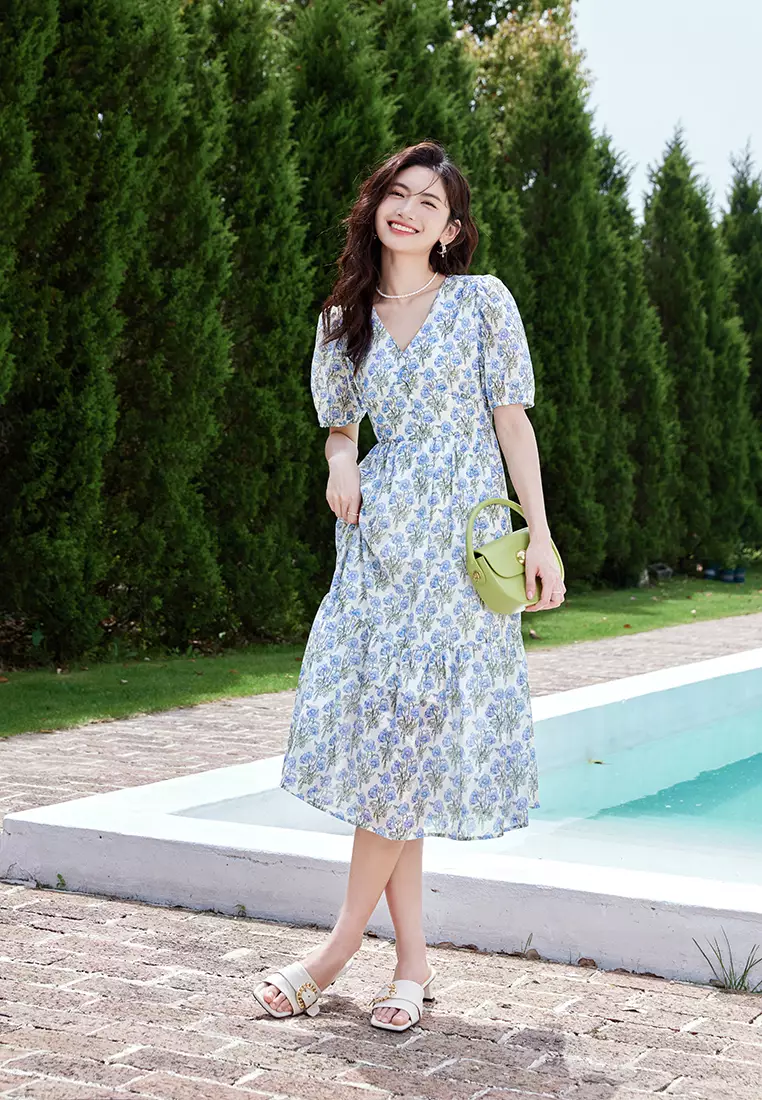 Hopeshow Summer Puff Sleeve V-Neck A-Line Floral Dress