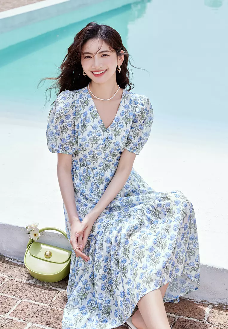 Hopeshow Summer Puff Sleeve V-Neck A-Line Floral Dress