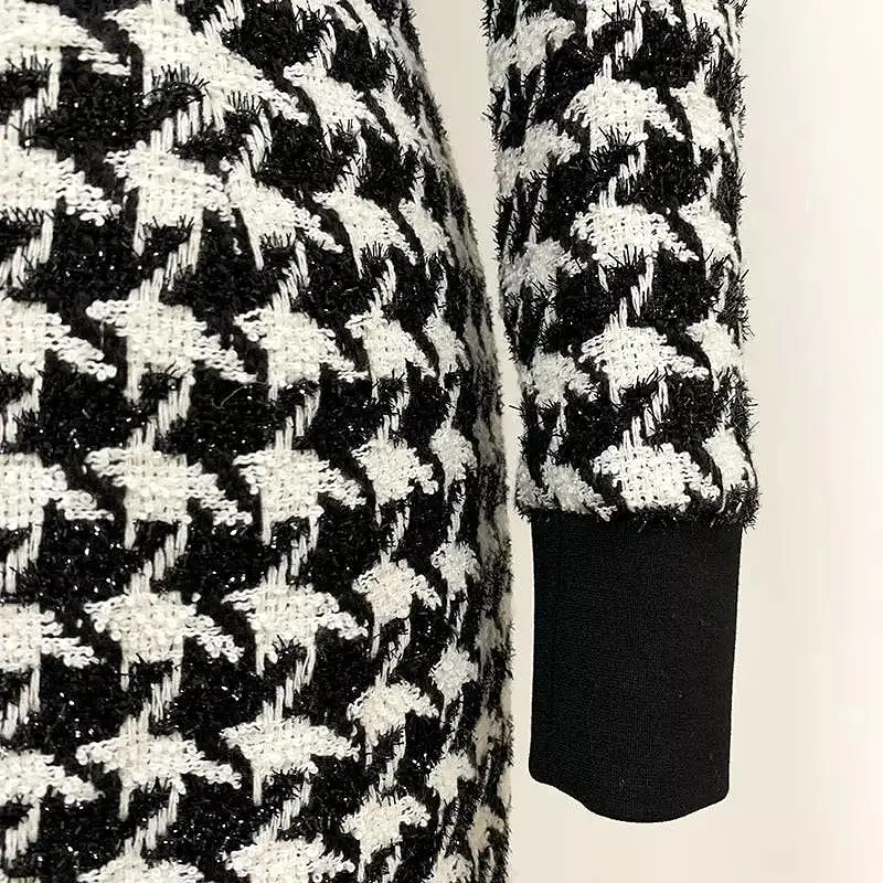 Houndstooth Tweed Knit Turtleneck Sweater Dress