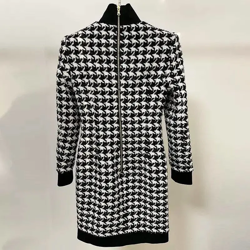 Houndstooth Tweed Knit Turtleneck Sweater Dress