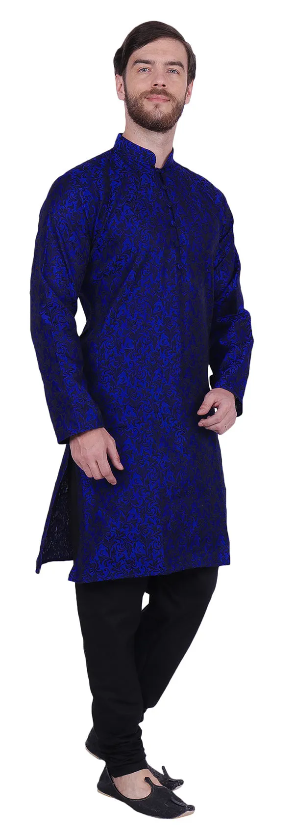 Jacquard Silk Men's Kurta Pyjama Party Indian Clothes (Blue)