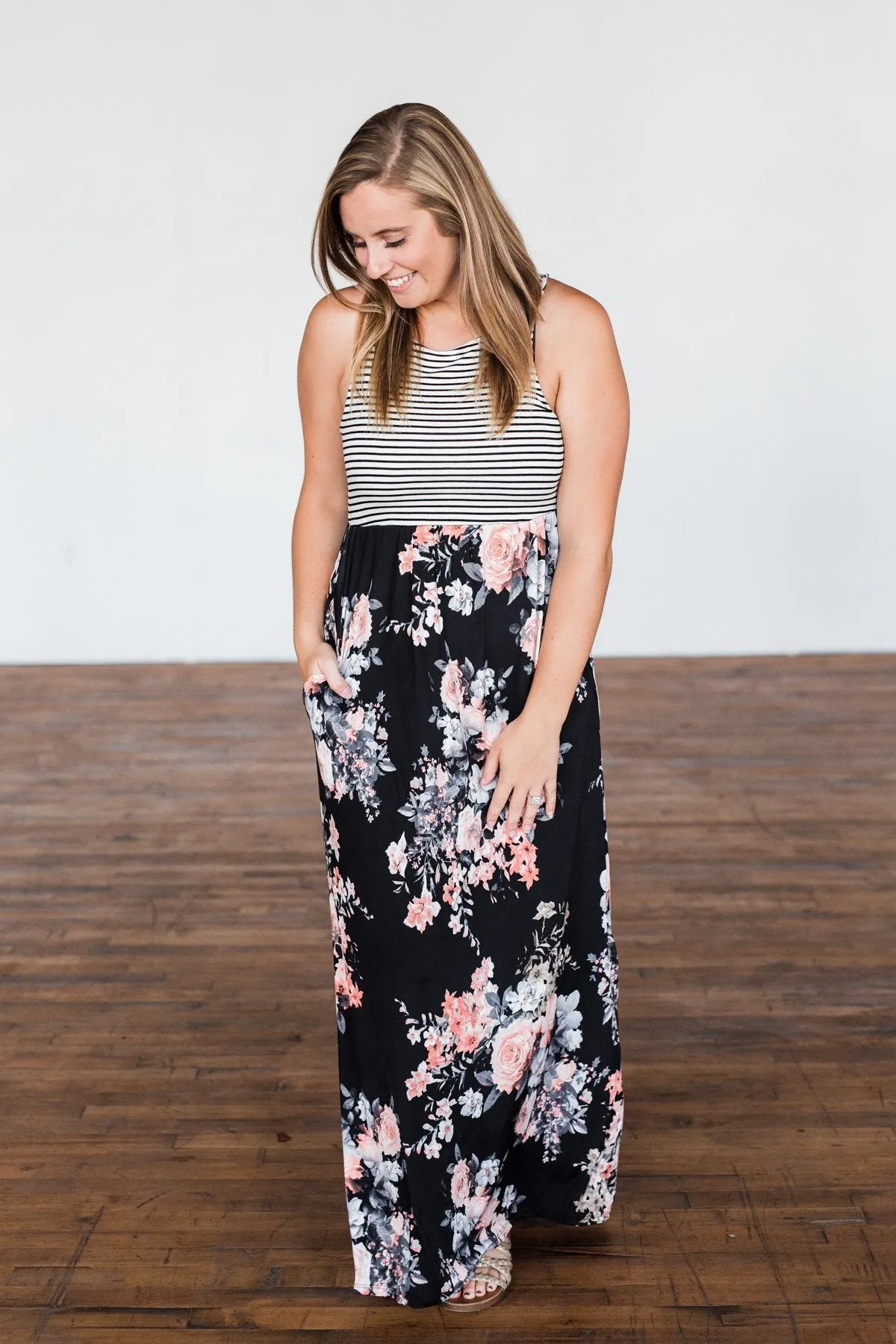 Like You Do Floral & Stripes Maxi Dress- Black & Off White