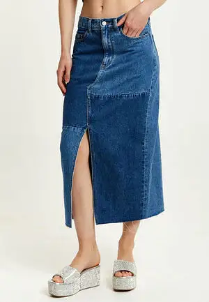 Liquorish Blue Denim Midi Skirt