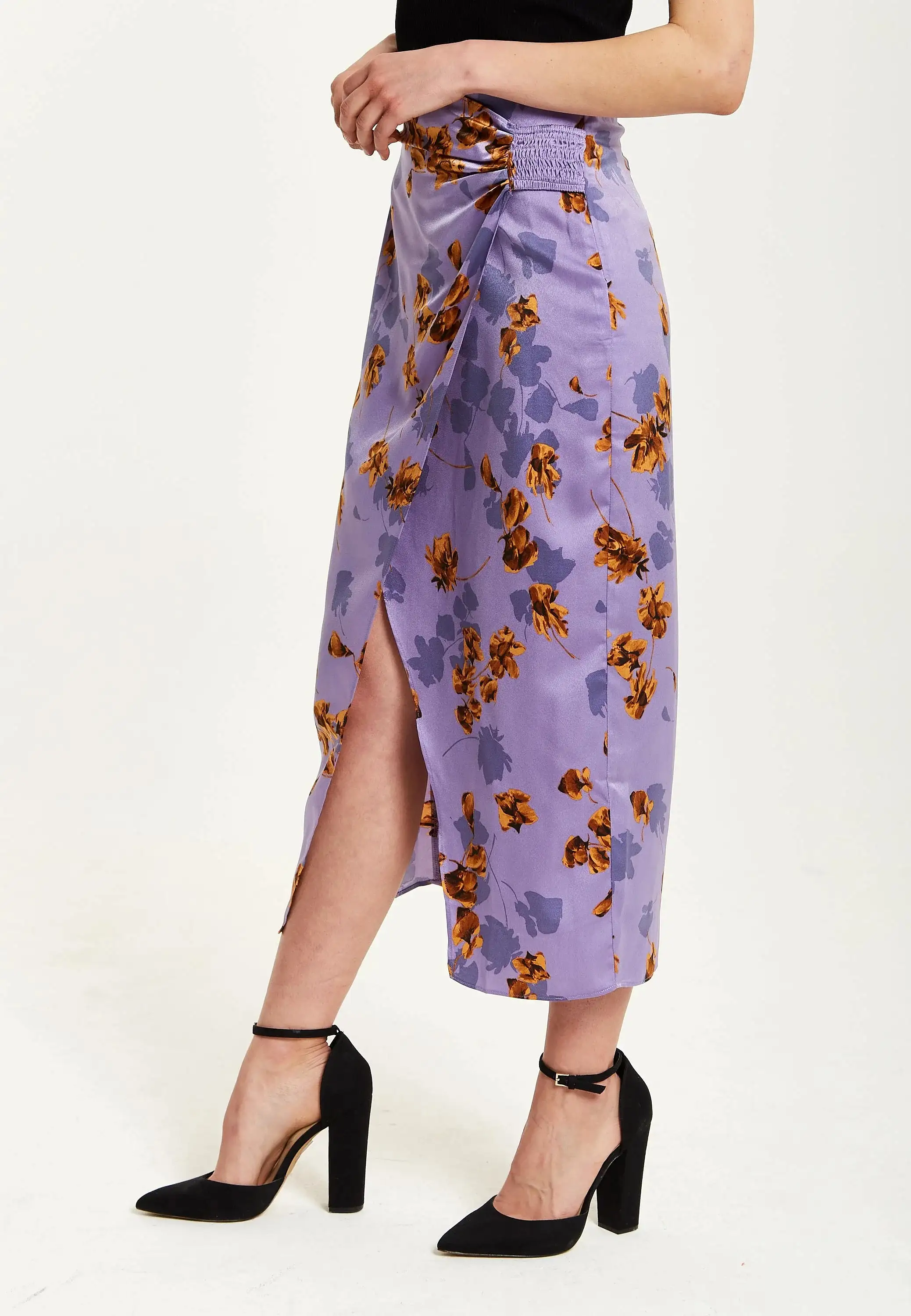 Liquorish Purple Floral Midi Skirt With Ruching Detail