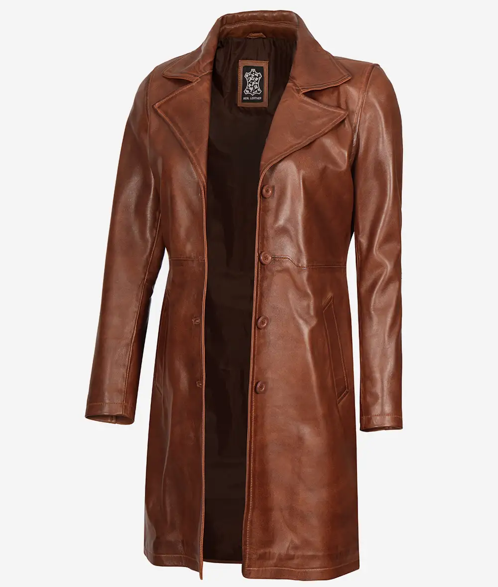 Long Cognac Leather Car Coat for Women