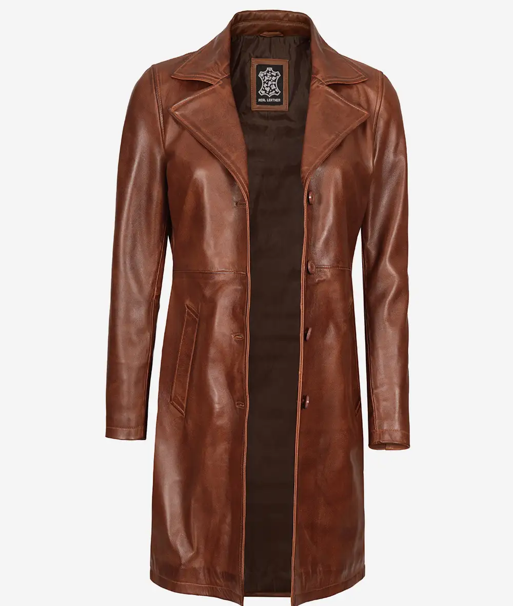 Long Cognac Leather Car Coat for Women