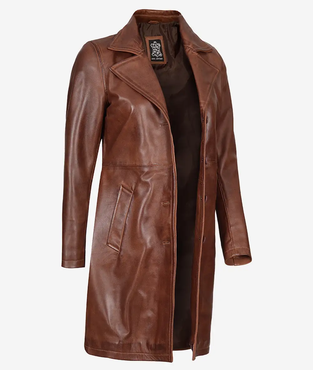 Long Cognac Leather Car Coat for Women