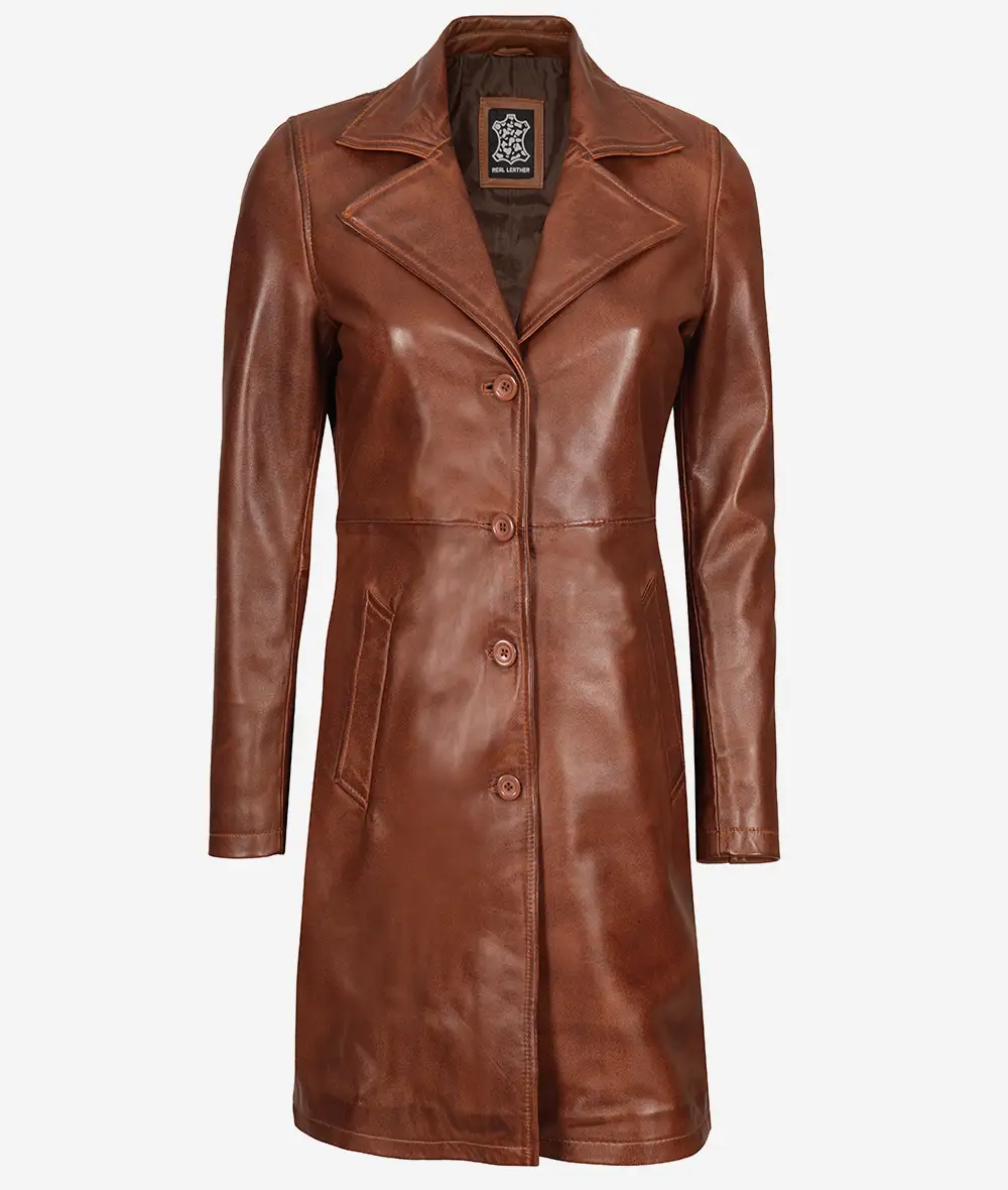 Long Cognac Leather Car Coat for Women