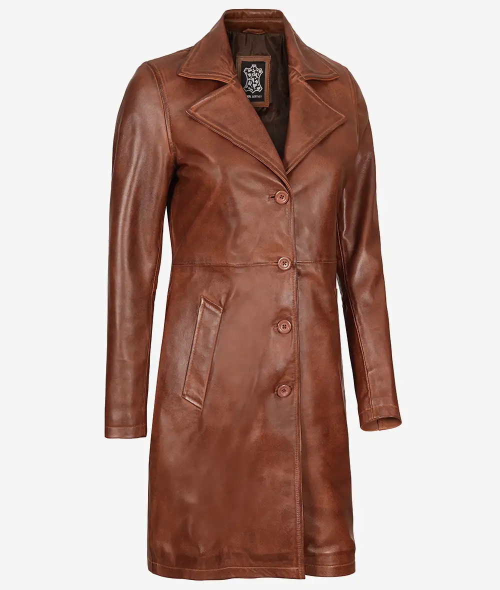 Long Cognac Leather Car Coat for Women