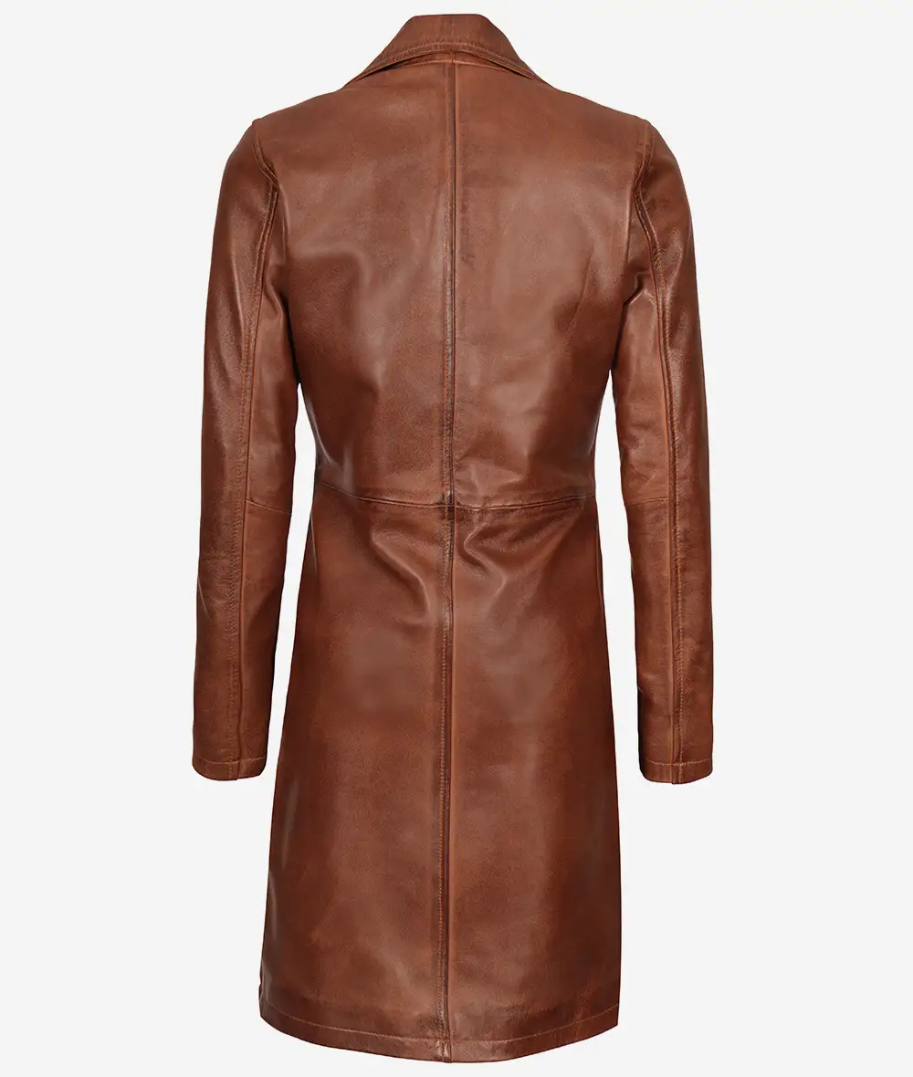 Long Cognac Leather Car Coat for Women