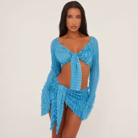 Long Sleeve Tie Front Detail Plunge Crop Top And Tie Side Mini Skirt Co-Ord Set In Blue Shirred