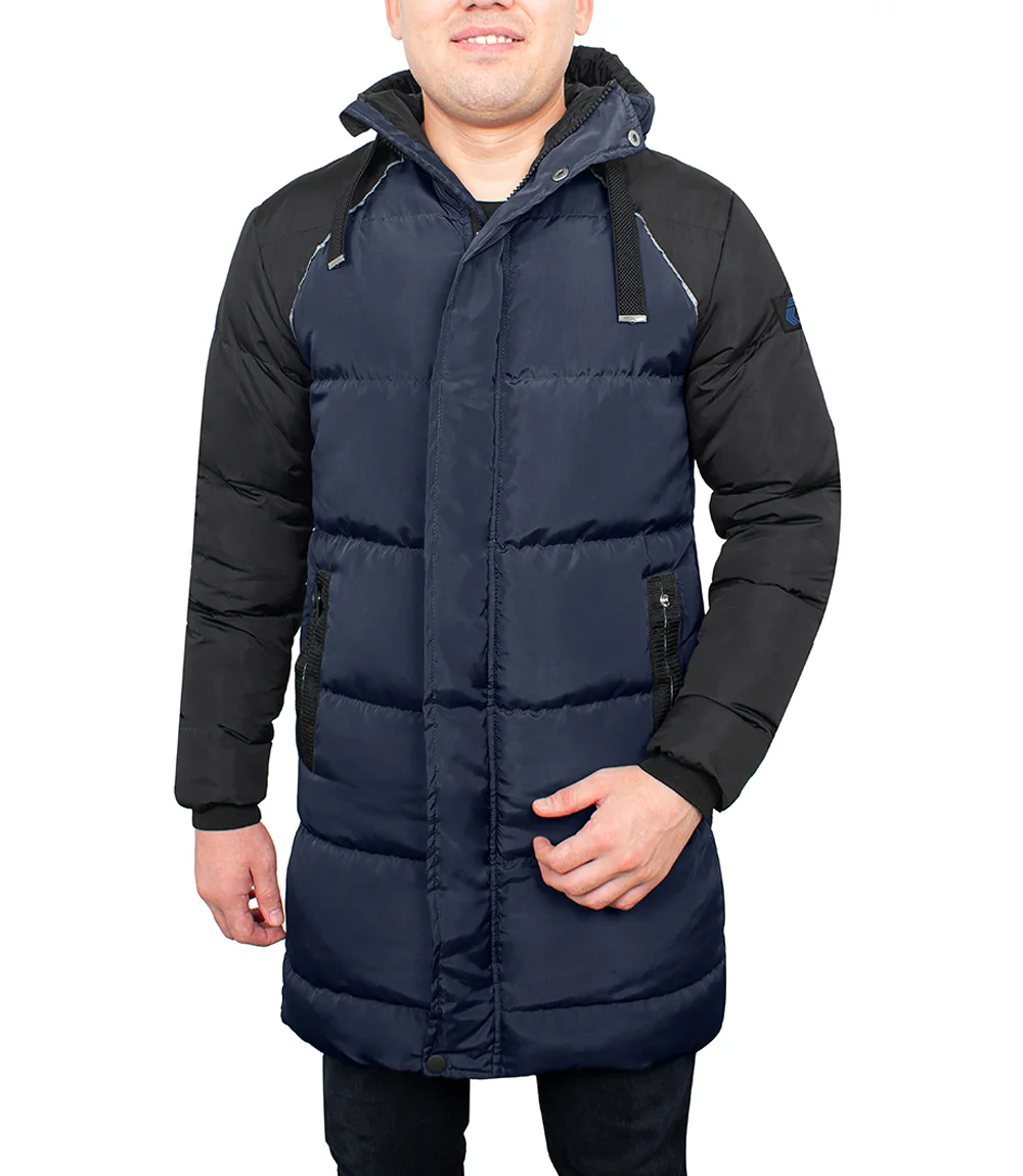 Lonnie Navy Blue & Grey Mens Long Winter Puffer Jacket - Hooded Down Coat