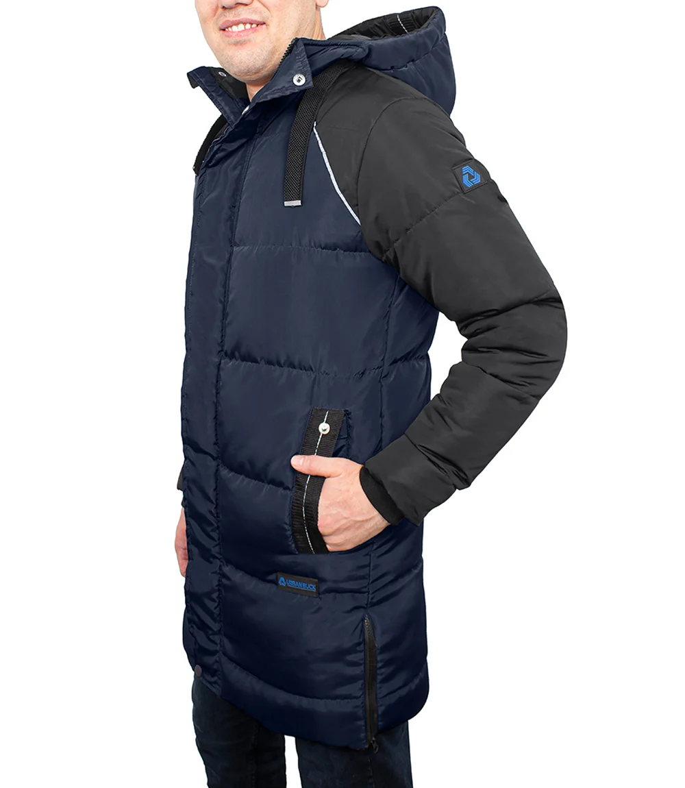 Lonnie Navy Blue & Grey Mens Long Winter Puffer Jacket - Hooded Down Coat