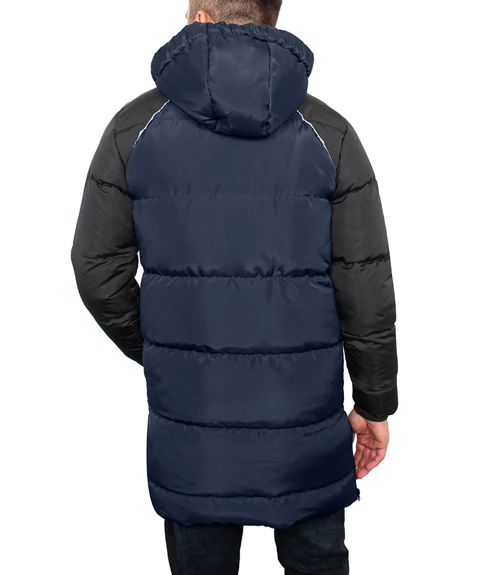 Lonnie Navy Blue & Grey Mens Long Winter Puffer Jacket - Hooded Down Coat