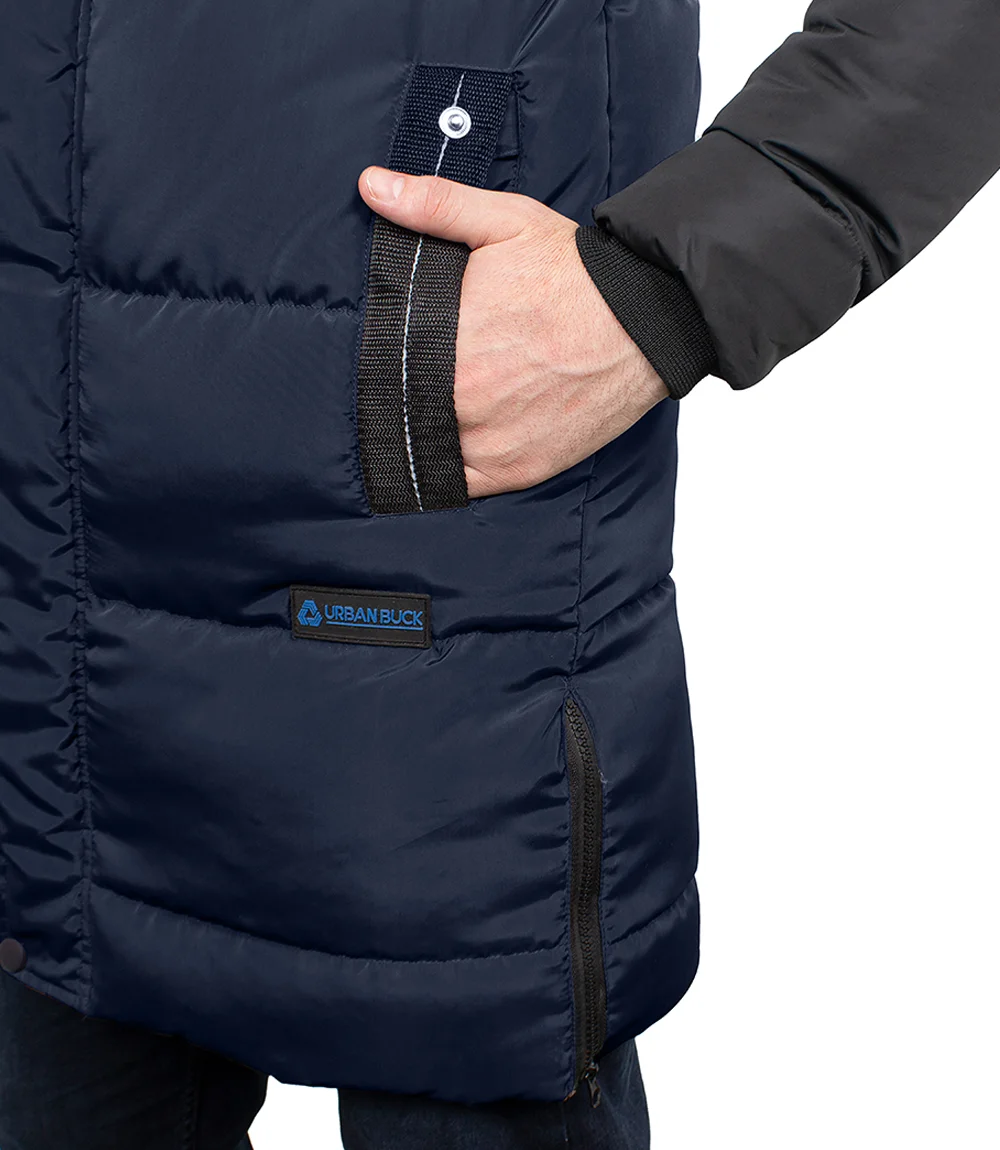 Lonnie Navy Blue & Grey Mens Long Winter Puffer Jacket - Hooded Down Coat