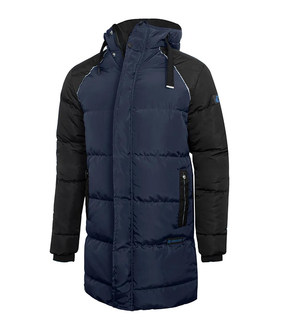 Lonnie Navy Blue & Grey Mens Long Winter Puffer Jacket - Hooded Down Coat