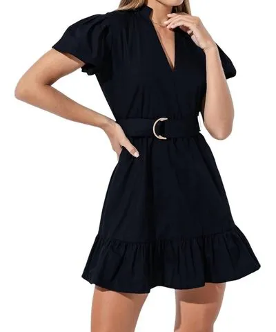 LUSANA Belted Poplin Mini Dress In Midnight