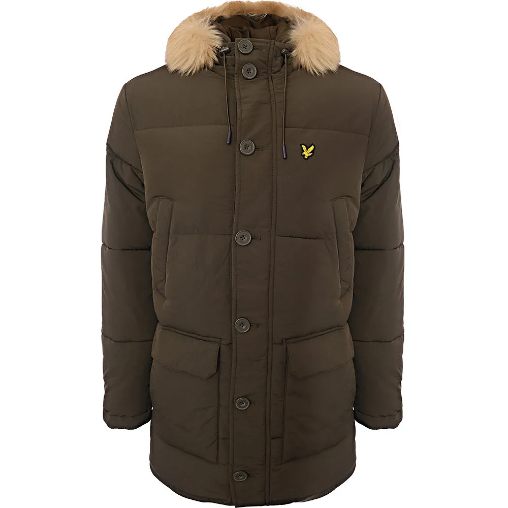 Lyle & Scott Mens Parka Jacket With Faux Fur Hood In Khaki