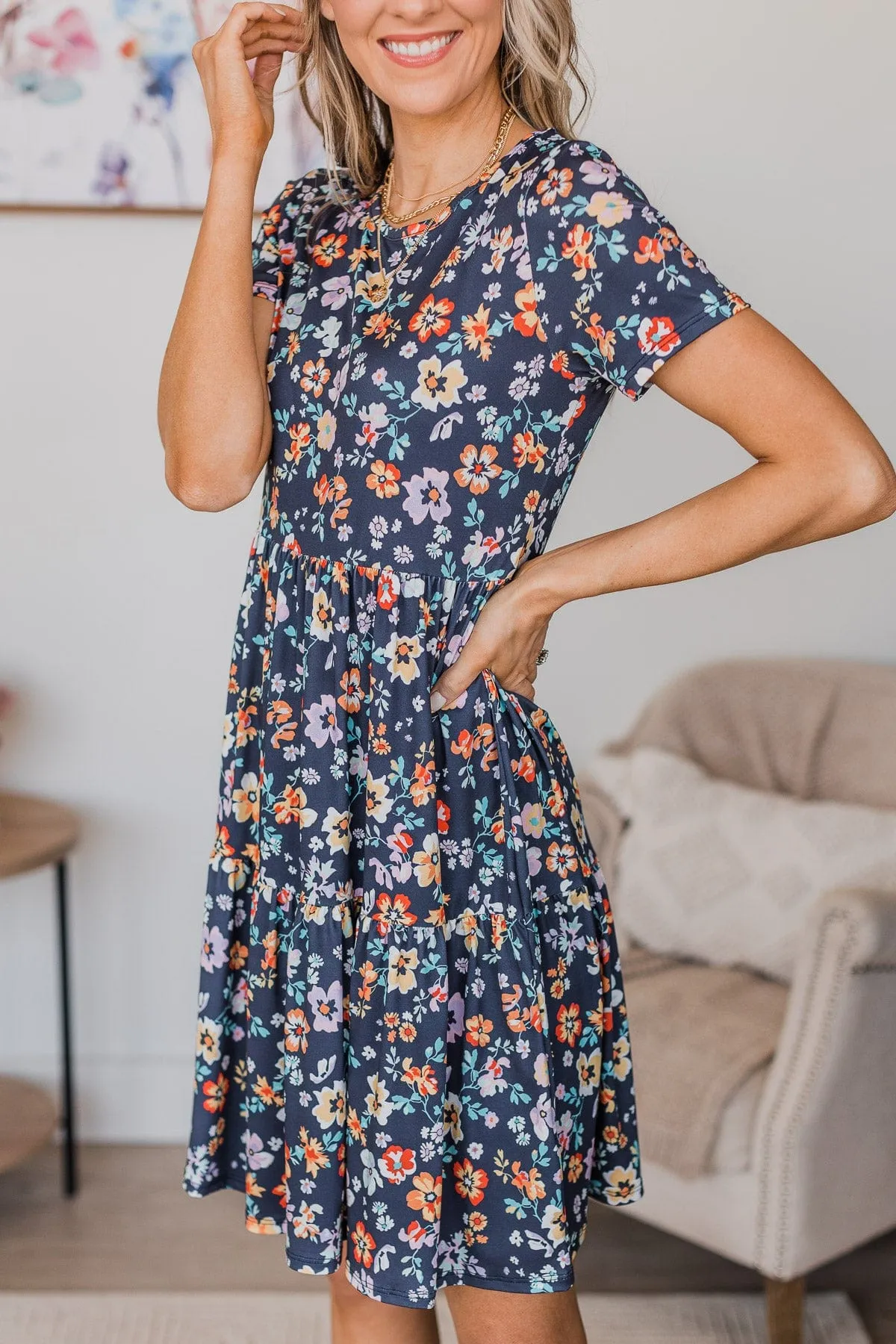 Madly In Love Floral Dress- Navy