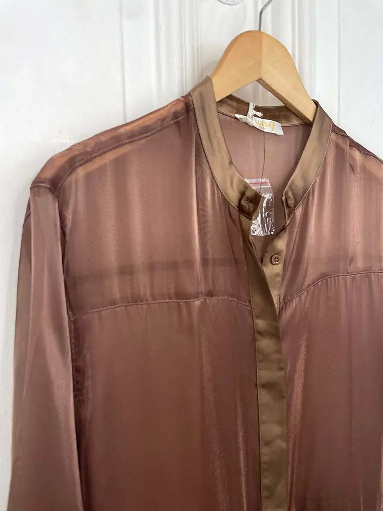 Malissa J Satin Pocket Sheer Shirt Dress - Bronze