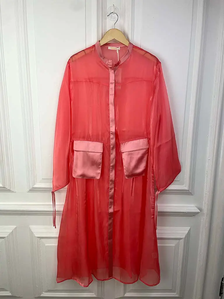 Malissa J Satin Pocket Sheer Shirt Dress - Coral