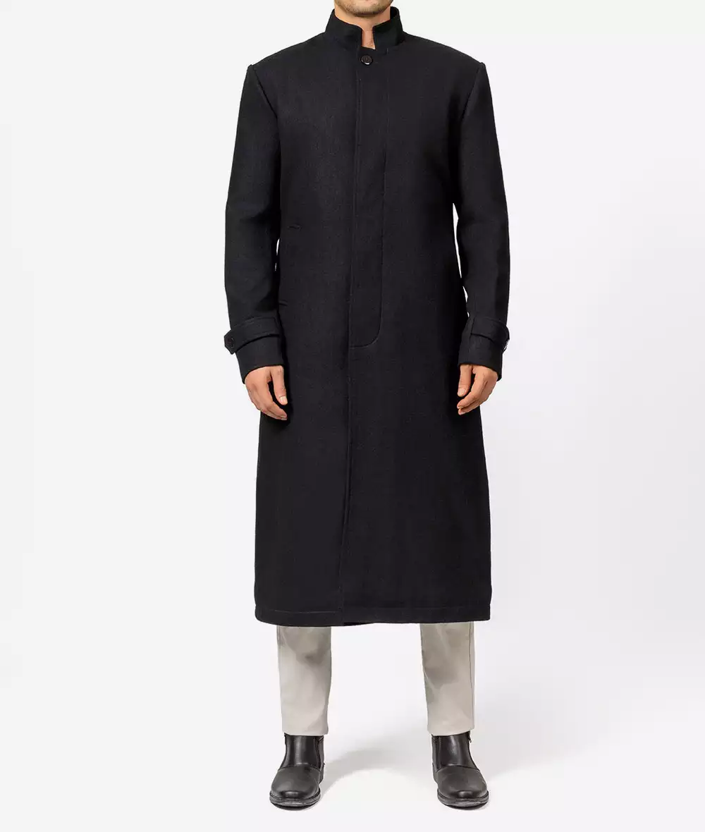 McGhee Men's Black Long Wool Trench Coat