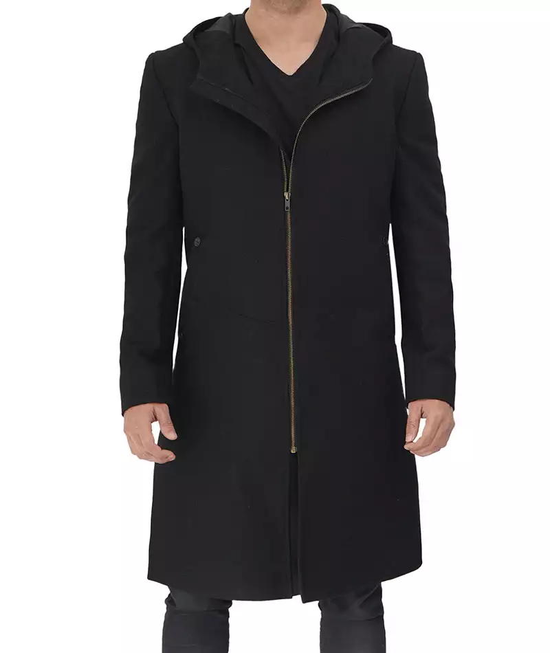 Men's Black Zip-Up Wool Coat with Hood