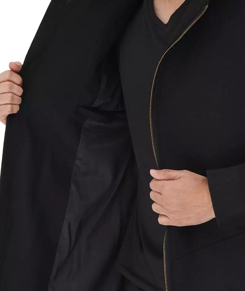 Men's Black Zip-Up Wool Coat with Hood