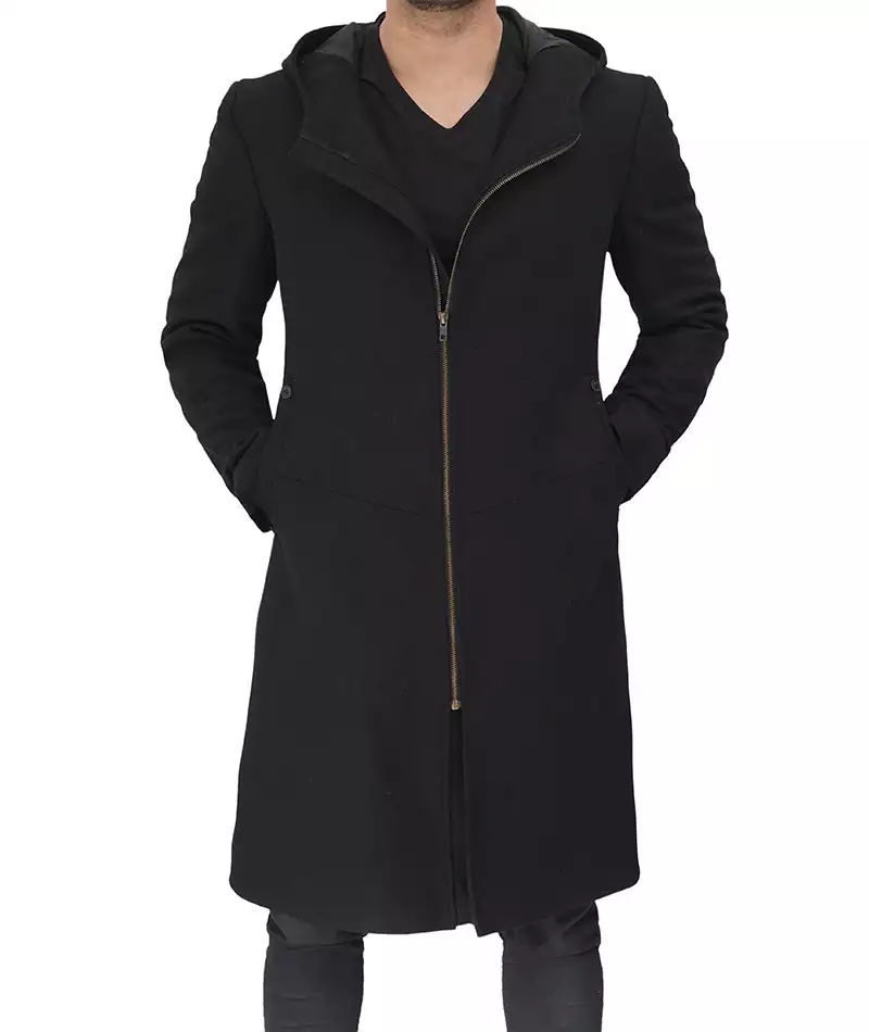 Men's Black Zip-Up Wool Coat with Hood