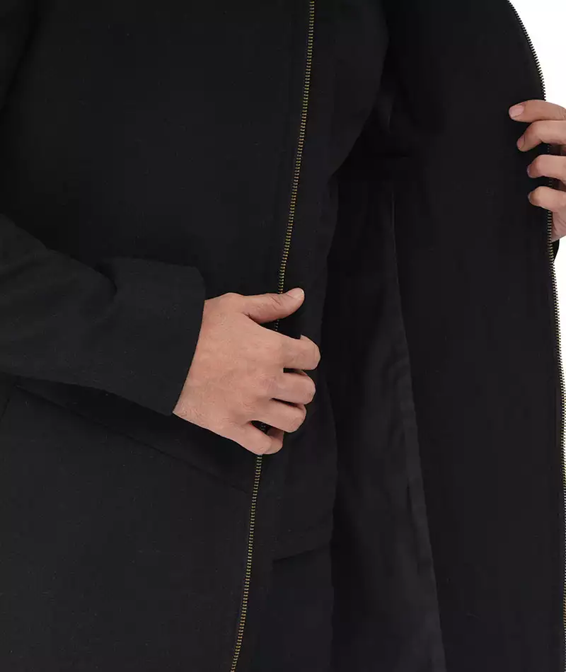 Men's Black Zip-Up Wool Coat with Hood