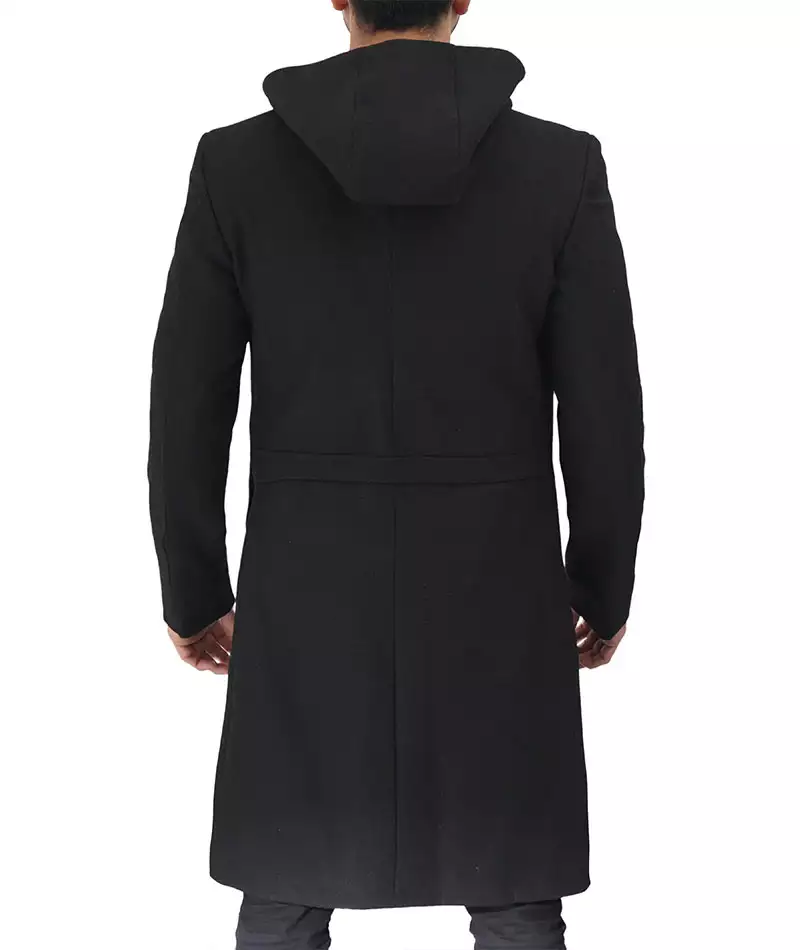 Men's Black Zip-Up Wool Coat with Hood