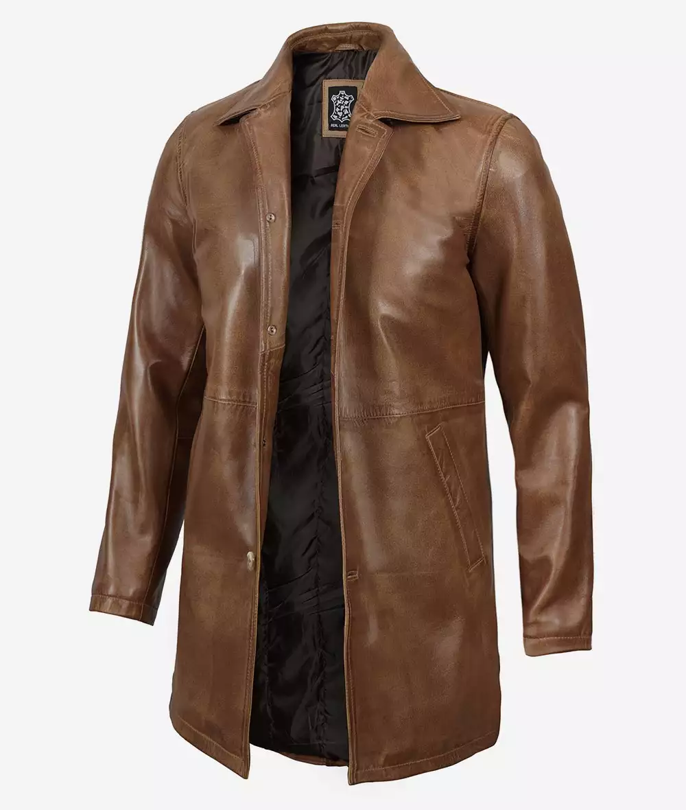 Men's Camel Brown 3/4 Length Leather Car Coat