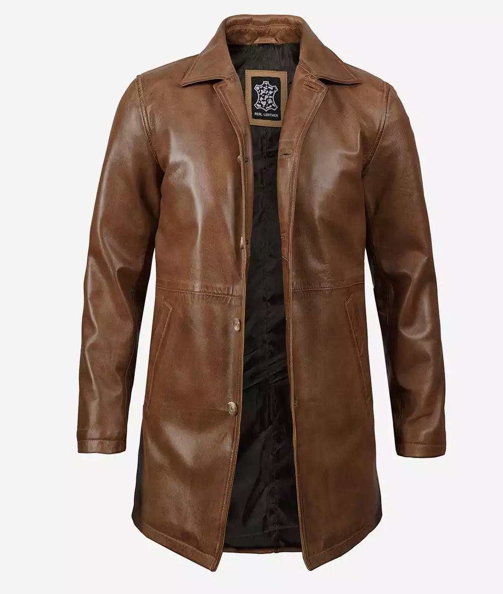 Men's Camel Brown 3/4 Length Leather Car Coat