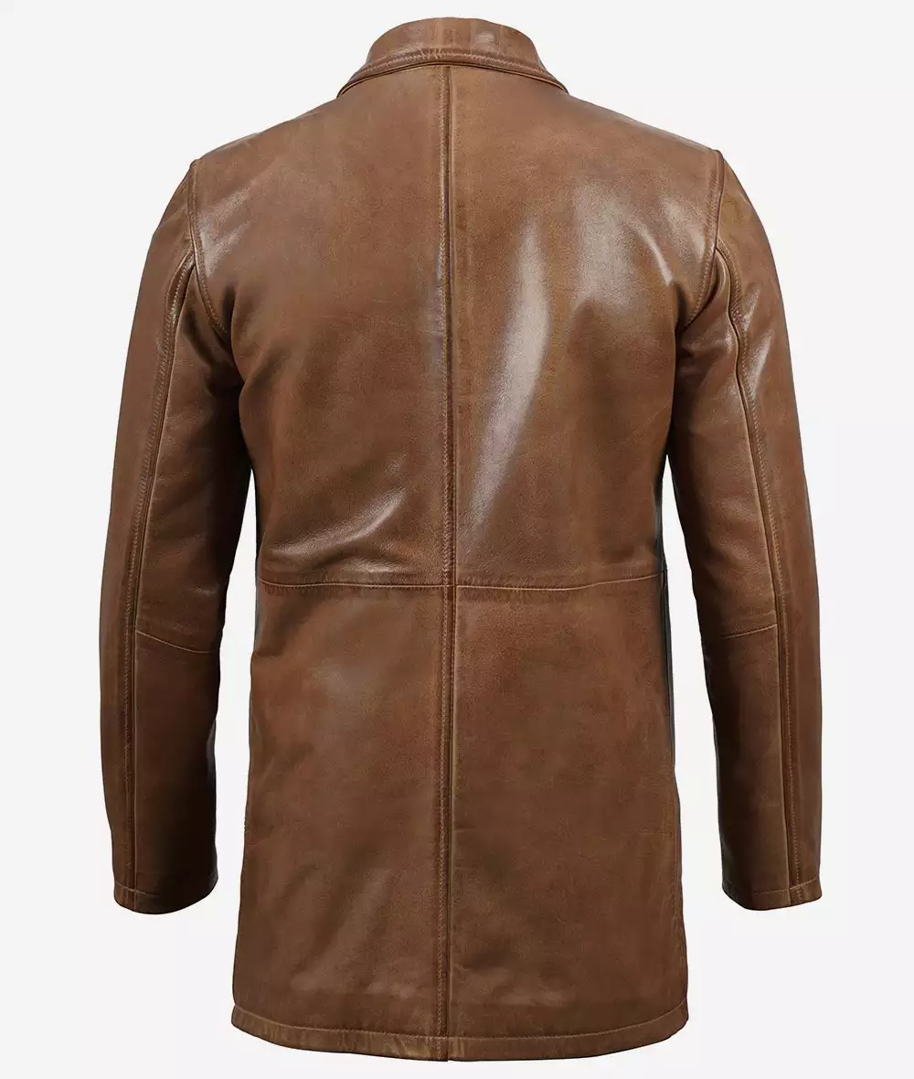 Men's Camel Brown 3/4 Length Leather Car Coat