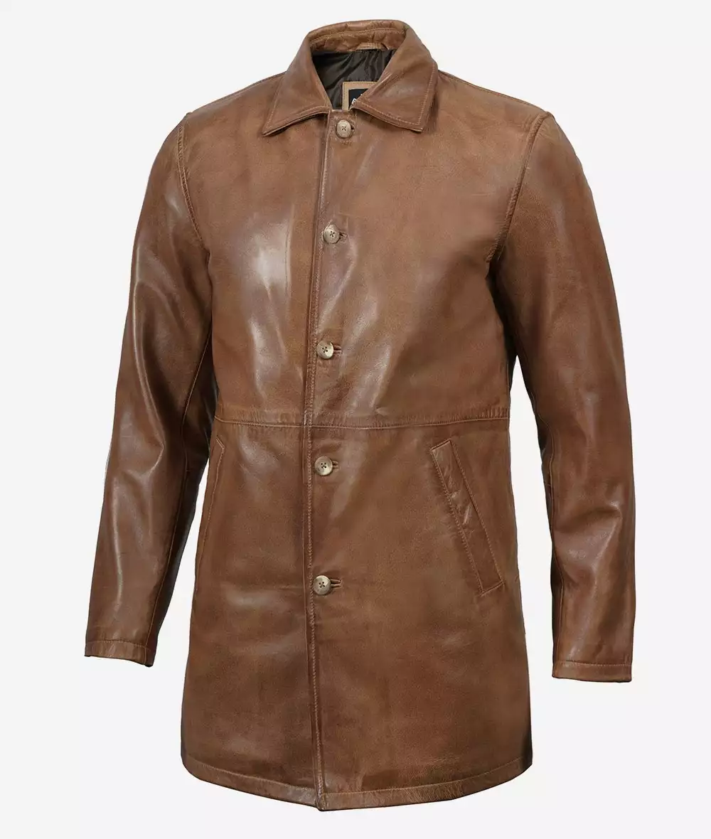 Men's Camel Brown 3/4 Length Leather Car Coat