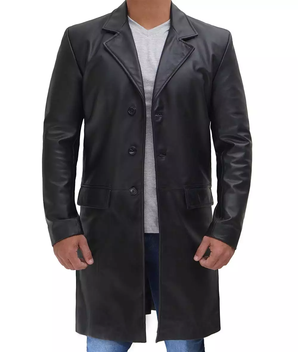 Men's Cowhide Black Long Leather Coat