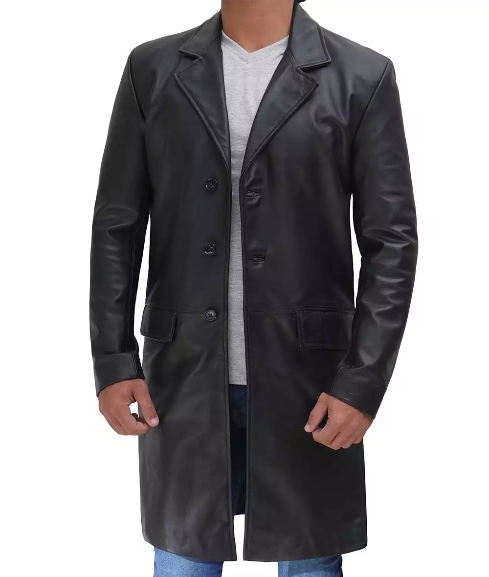 Men's Cowhide Black Long Leather Coat