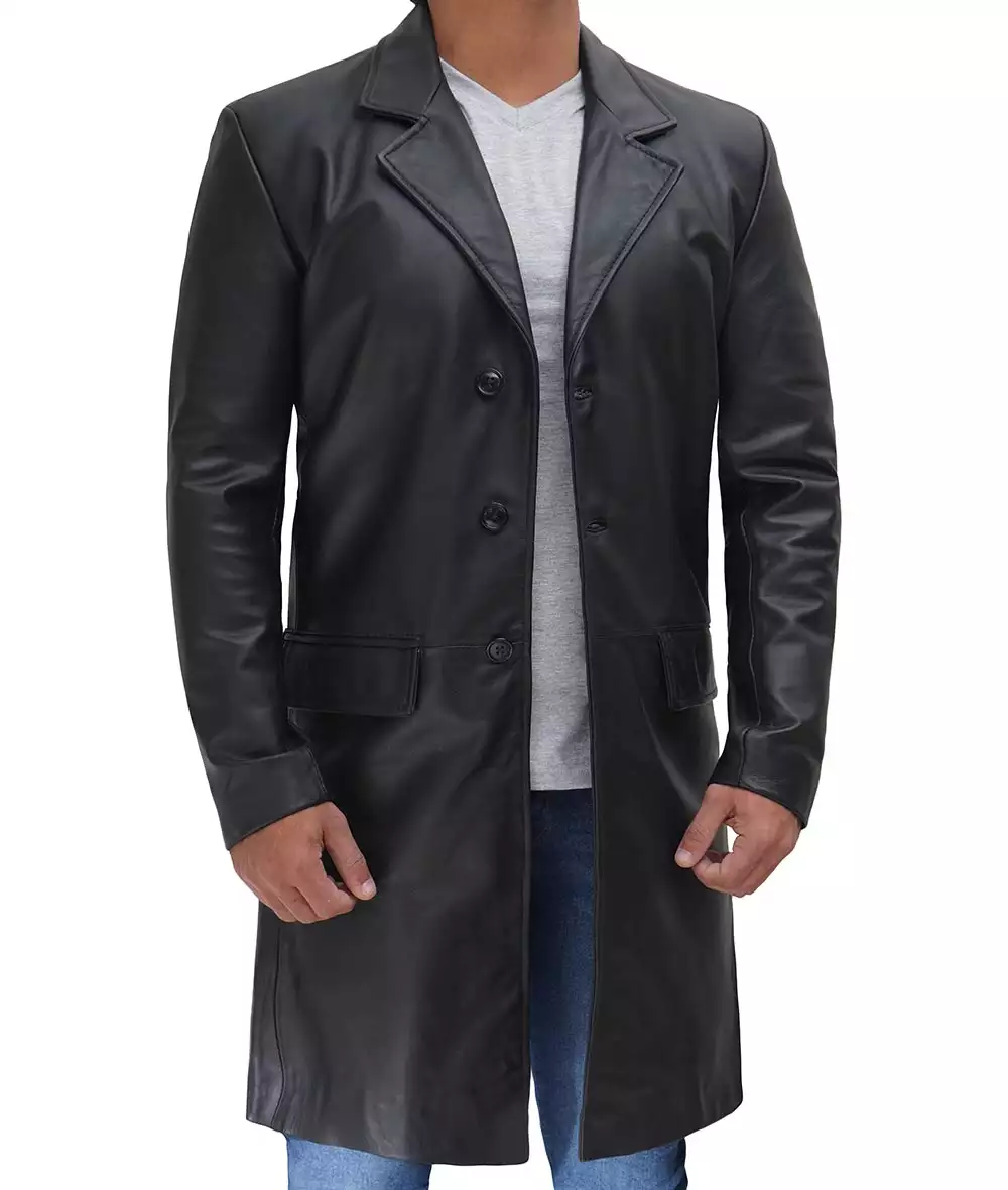 Men's Cowhide Black Long Leather Coat