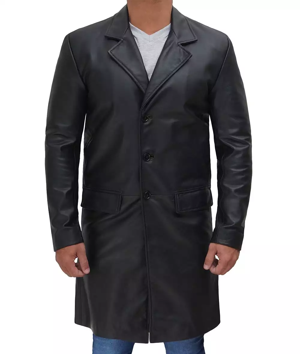 Men's Cowhide Black Long Leather Coat