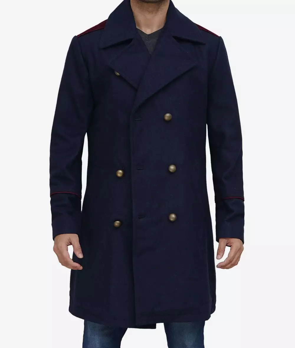 Men's Double-Breasted Long Navy Blue Wool Coat