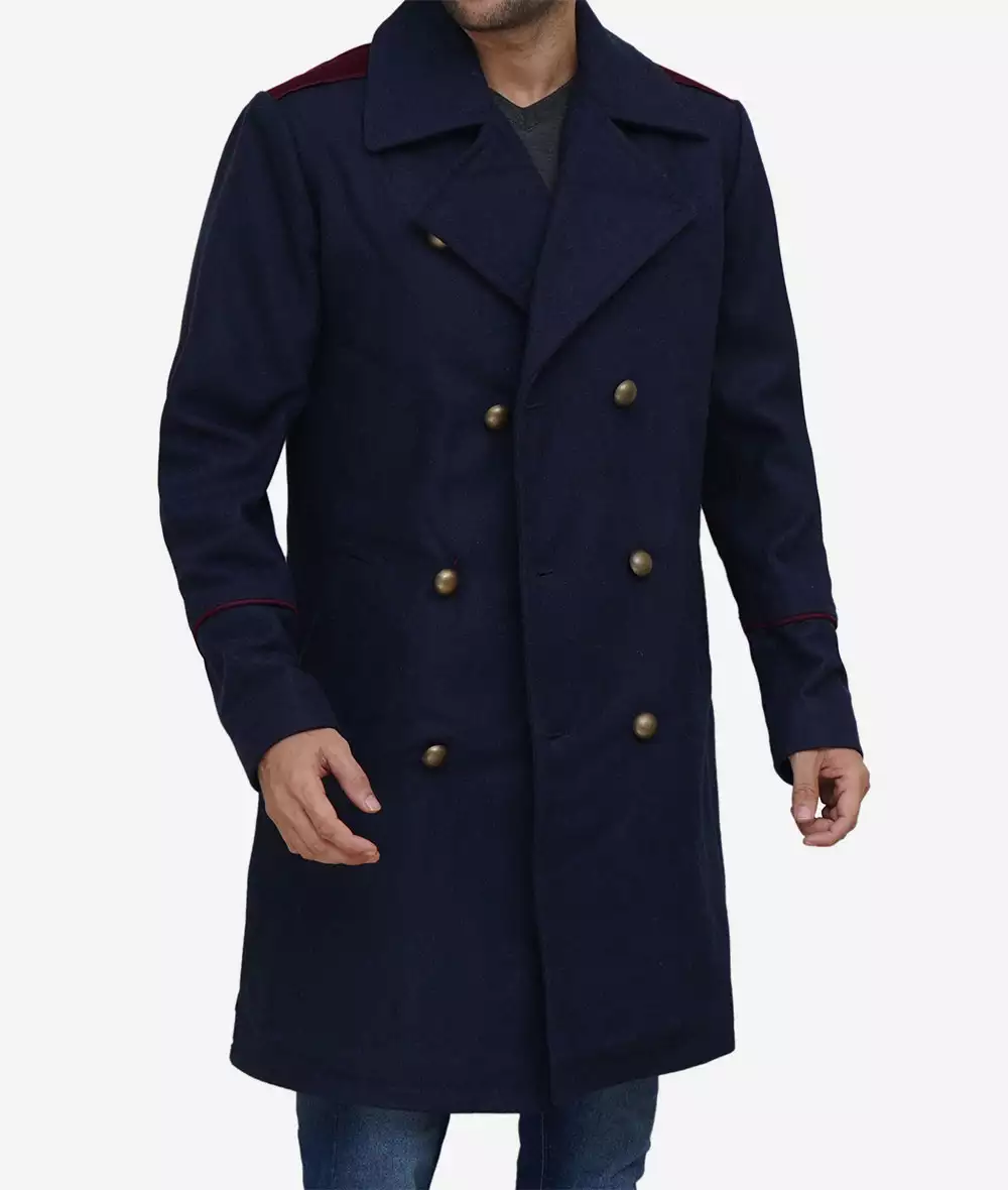 Men's Double-Breasted Long Navy Blue Wool Coat