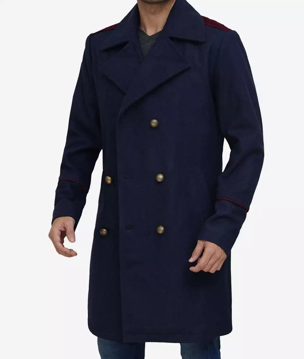 Men's Double-Breasted Long Navy Blue Wool Coat