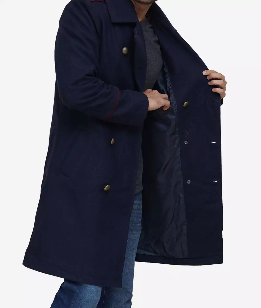 Men's Double-Breasted Long Navy Blue Wool Coat