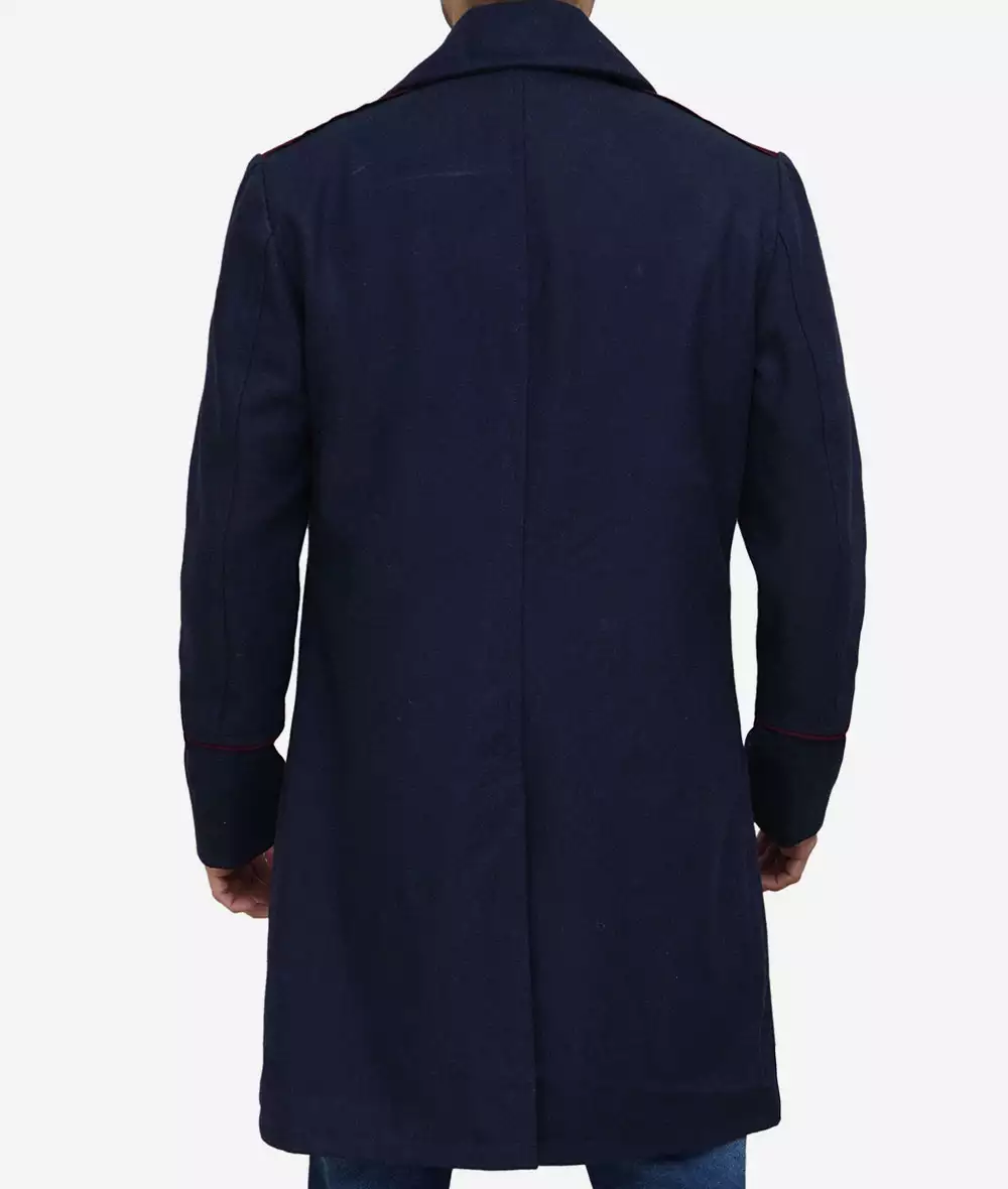 Men's Double-Breasted Long Navy Blue Wool Coat