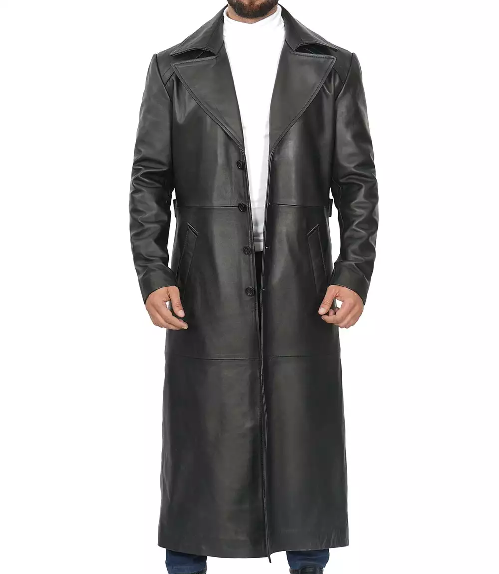 Men's Full-Length Black Leather Trench Coat