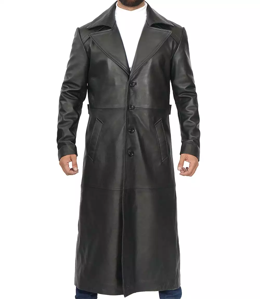 Men's Full-Length Black Leather Trench Coat