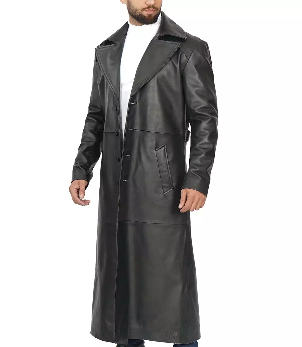 Men's Full-Length Black Leather Trench Coat